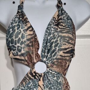 Halter Cut Out Dress Green And Brown Cheetah Print Sexy High Slit NWOT Size S